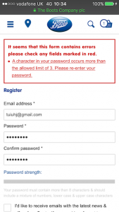 Boots error message