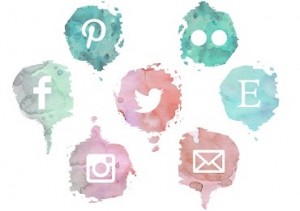 A set of seven logos from social media or web platforms, rendered in a watercolour style in shades of pink and green. The logos featured, from left to right, are: Pinterest, Flickr, Facebook, Twitter, Etsy, Instagram and a generic message/email icon.