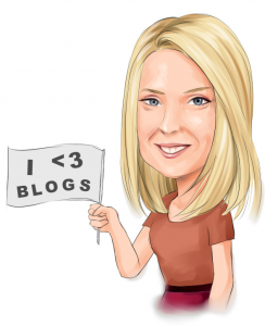 A caricature of Yahoo CEO Marissa Mayer holding a flag which reads, "I