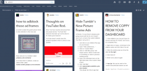 A screenshot of the Tumblr search results for "adblock", featuring a number of blog posts sharing scripts or workarounds for blocking unwanted ads on Tumblr.