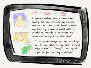 Per Axbom’s UX Joke: A persona walks into a storyboard looking for some interaction. At the end of the scenario, he found himself eye-tracking a mental model with a wireframe interface. He sorted his cards and managed to think-aloud: “I love your design pattern, would you like to come back to my iPad for some bodystorming?” “Sorry” she replied “You’re just not my prototype.”