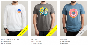A series of T-shirts featuring artistic versions of the Ello logo, with prices and the handles of the Ello users who designed them below.