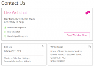 A screenshot of the House of Fraser contact page, offering live webchat, phone and postal queries.