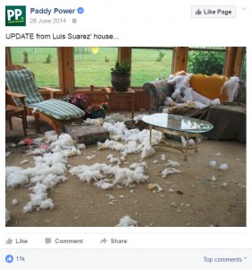 Another Facebook screenshot showing the inside of a house looking as though a wild animal has got loose inside, with white stuffing littered across the floor. The caption reads, "UPDATE from Luis Suarez' house..." It has 11,000 likes.