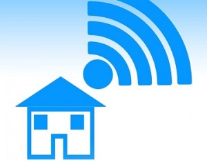 A simple blue graphic of a house with 'wifi' style waves emitting from the roof.