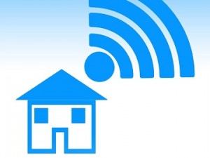 A simple blue graphic of a house with 'wifi' style waves emitting from the roof.