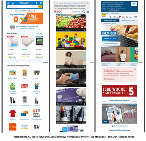 Image shows: Snapshots of the mobile homepages of Walmart.com, Tesco.com and Lidl.de.