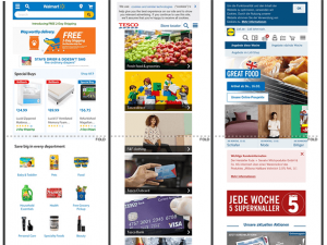Image shows: Snapshots of the mobile homepages of Walmart.com, Tesco.com and Lidl.de.
