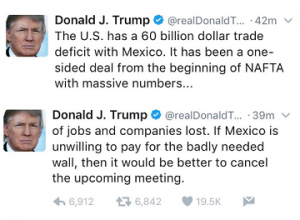A screenshot of two tweets by Donald Trump about the United States' supposed 60 billion dollar trade deficit with Mexico.