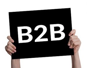A pair of hands holding up a black sign which reads B2B in white text.