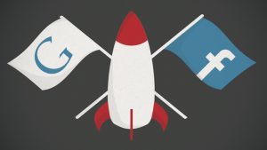 Vector graphic featuring a rocket with two crossed flags behind it, one featuring the Google G and the other featuring the Facebook F.