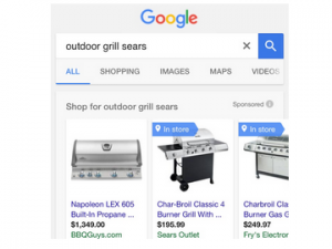 Screenshot shows a Google search for outdoor grills, the shopping ads shows images with “in store” showing the product is available nearby.