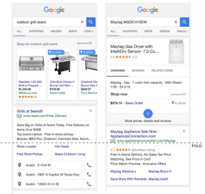 Screenshot shows two Google searches the first for “outdoor grills”, the shopping ads shows images with “in store” showing the product is available nearby; the second search for “Maytag MGDC415EW” brings up an image of the gas dryer listing underneath availability “in store” at Sears Outlet.