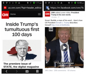 Screenshots of CNN.com and CNN on Facebook (both featuring President Trump)