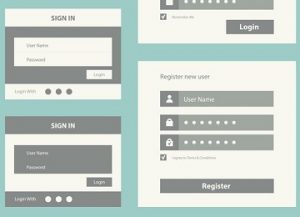 Vector set of user interface login and account registration form design. Isolated on blue background.