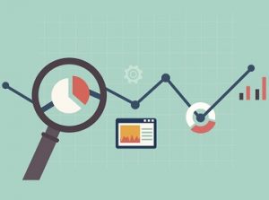 Vector illustration with a magnifying glass focusing on a pie chart, a graph line trending upwards, and other metrics symbols.