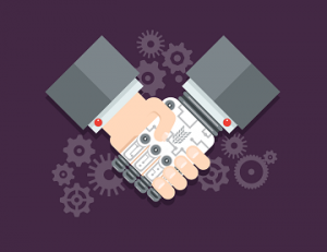 Vector graph of a robot hand shaking hands with a human hand