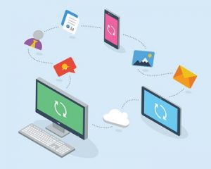Flat business devices communication with cloud services isolated on the light blue background.