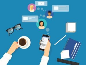 Vector graphic depicting a pair of hands holding a cup of coffee and a smartphone, with various headshots and messaging bubbles emanating from the phone.